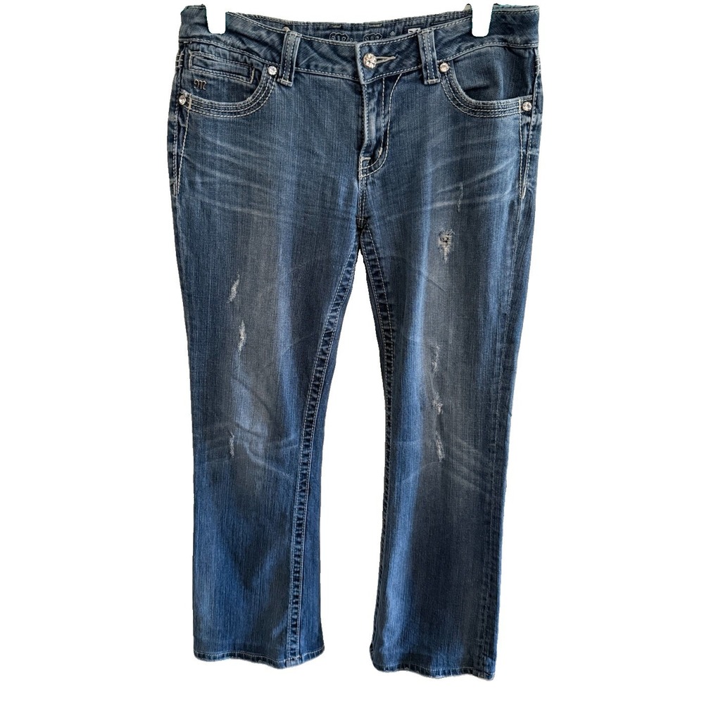 MISS ME WOMEN'S LOW RISE BOOT CUT RHINESTONE POCKET BLUE DENIM JEANS 31